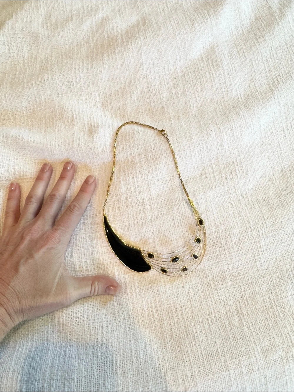 Vintage 80s Asymmetrical Black Enamel Gold Wire Bib Collar Necklace Gala Fancy